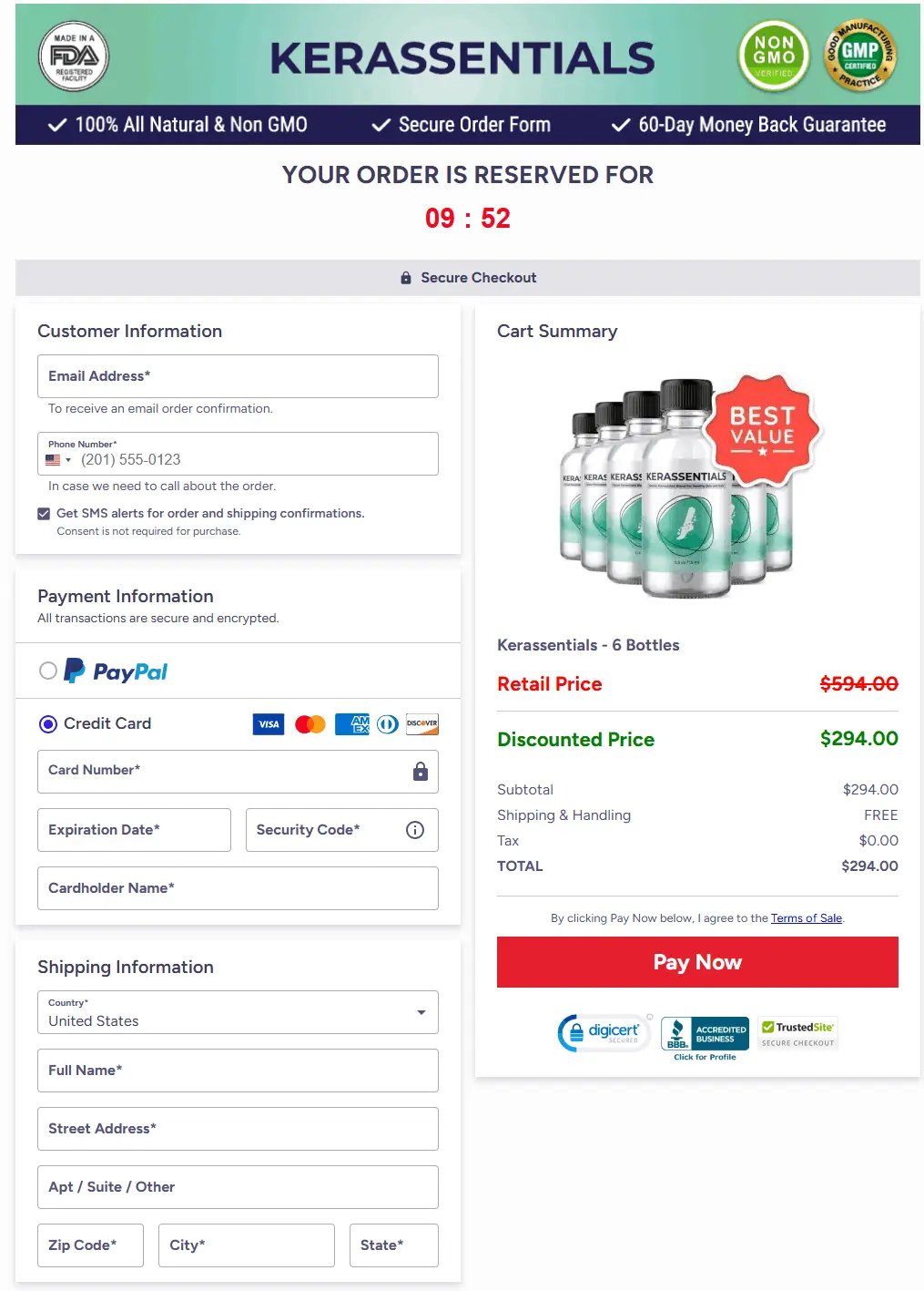 Secure checkout page for Kerassentials with multiple payment options